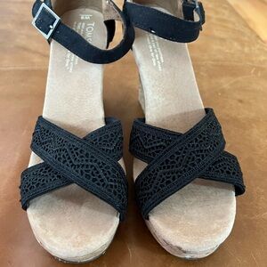 TOMS Black Crochet Wedge Sandals